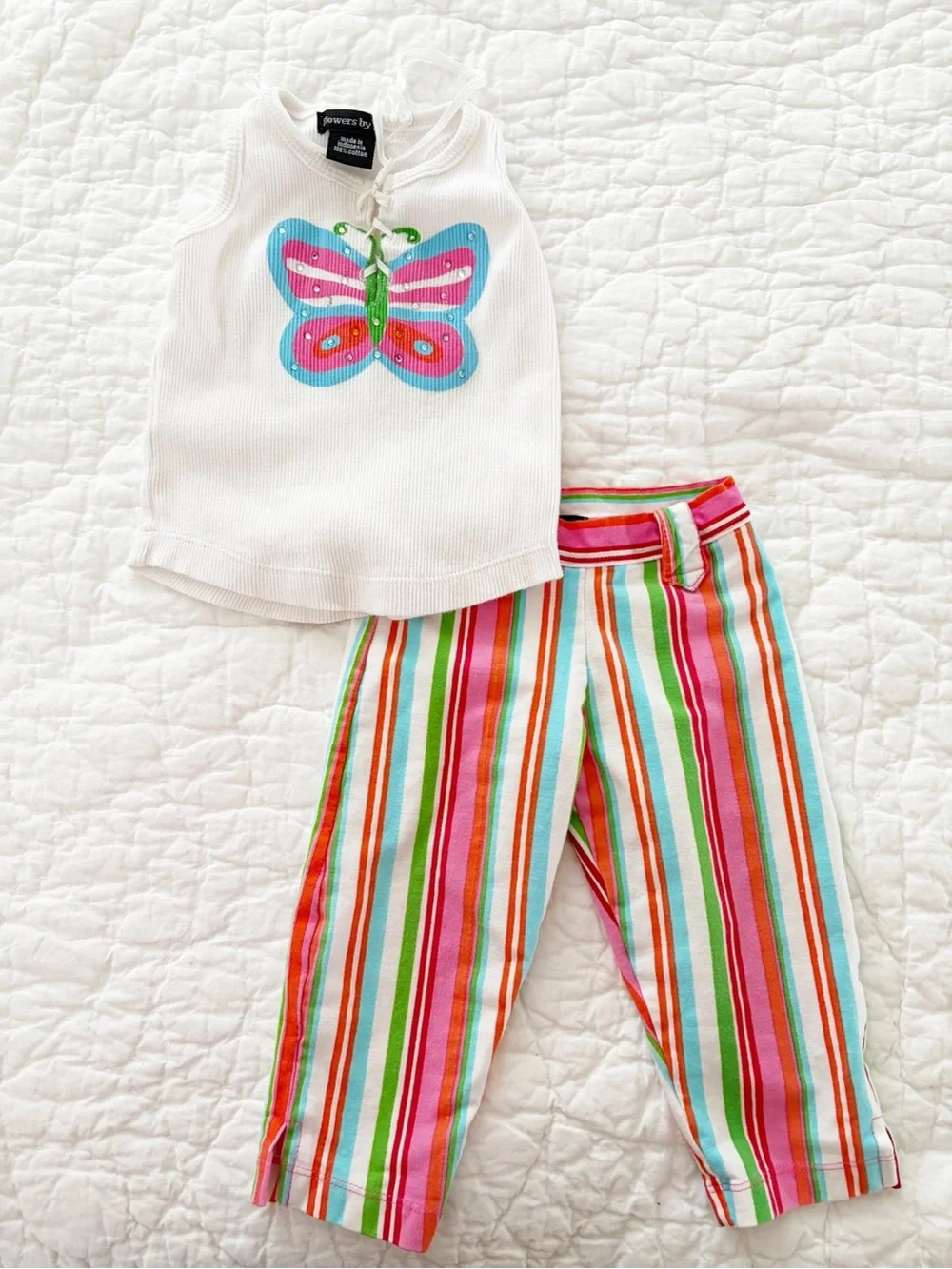 2T Flowers by Zoe Y2K Butterfly Tank Top and Colorful Stripe Pants Set